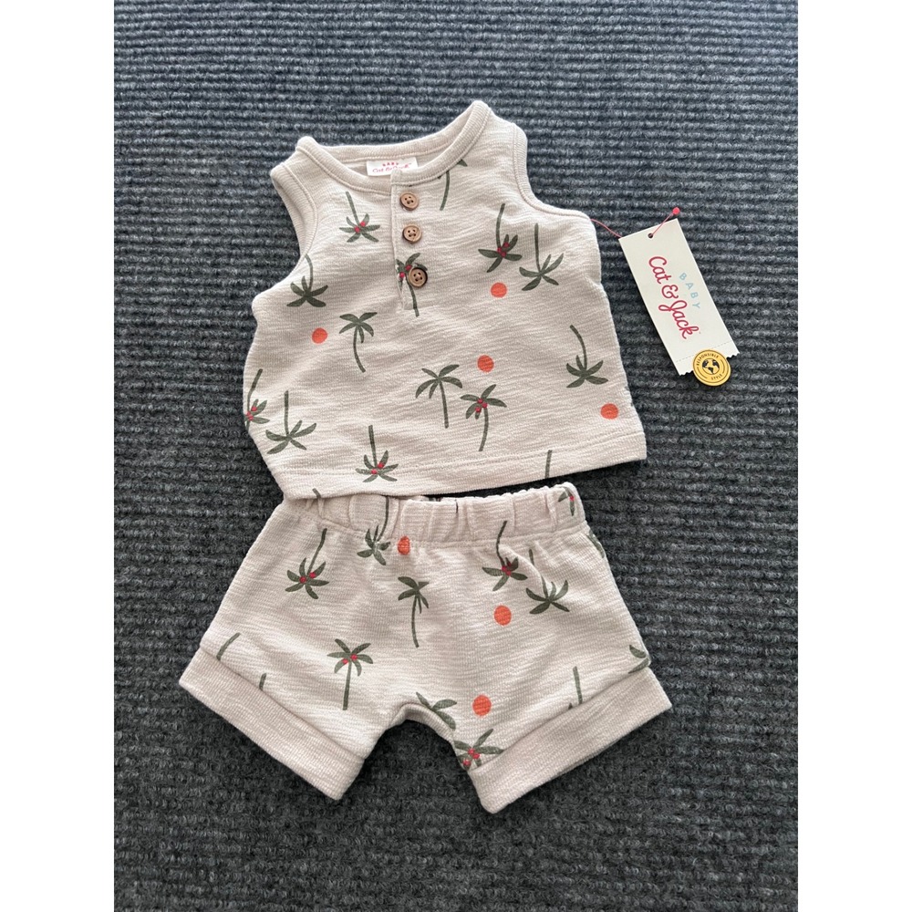 Cat & Jack Baby Newborn Palm Tree Henley Tank & Shorts Set Cream NB 2pc Vacation
